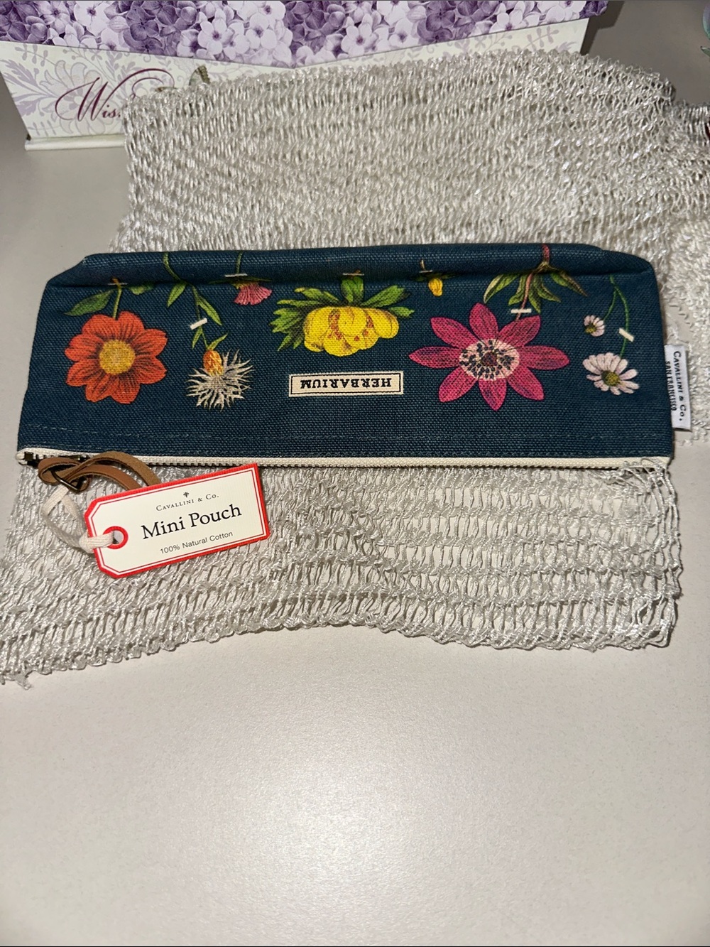 Cavallini & Co HERBARIUM natural blue pink green vintage mini pouch 100% cotton - Picture 2 of 9